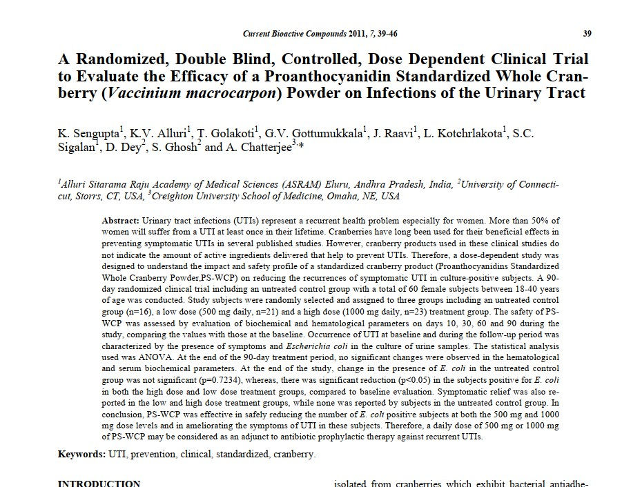A RDBCT Dose Dependent to Evaluate the Efficacy of a Proanthocyanidin Standardized Whole Cranberry