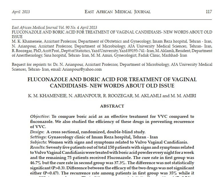  Fluconazole and Boric Acid Treatment of Vaginal Candidiasis